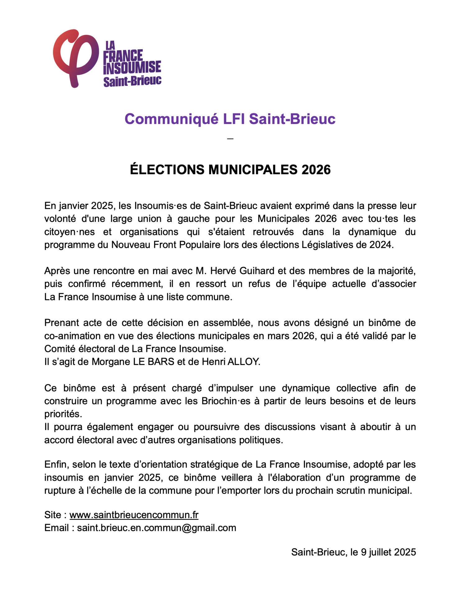 Communique presse lfi 9 juillet